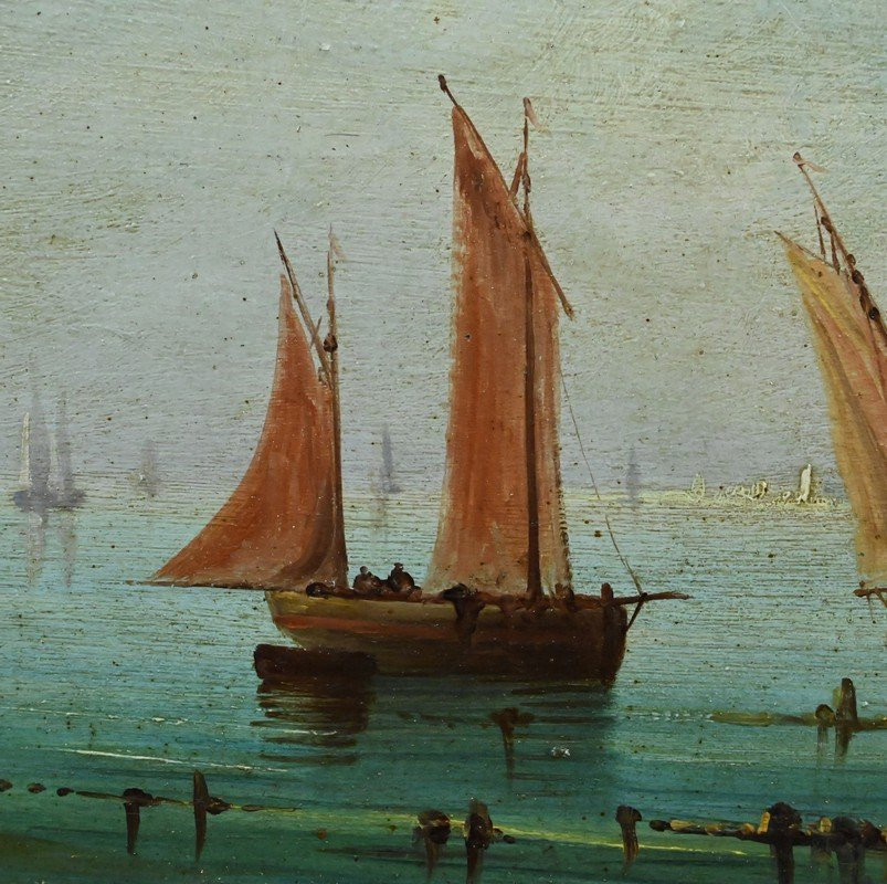 Tableau « Voiliers sur la Méditerranée », Huile sur panneau, École Française du XIXe-photo-6