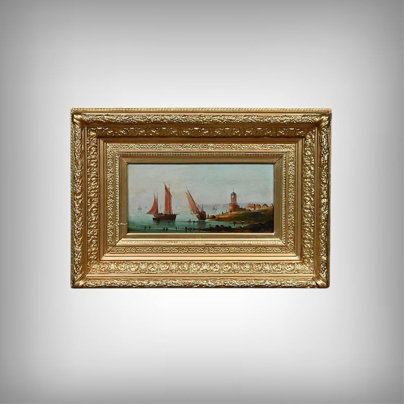 Tableau « Voiliers sur la Méditerranée », Huile sur panneau, École Française du XIXe