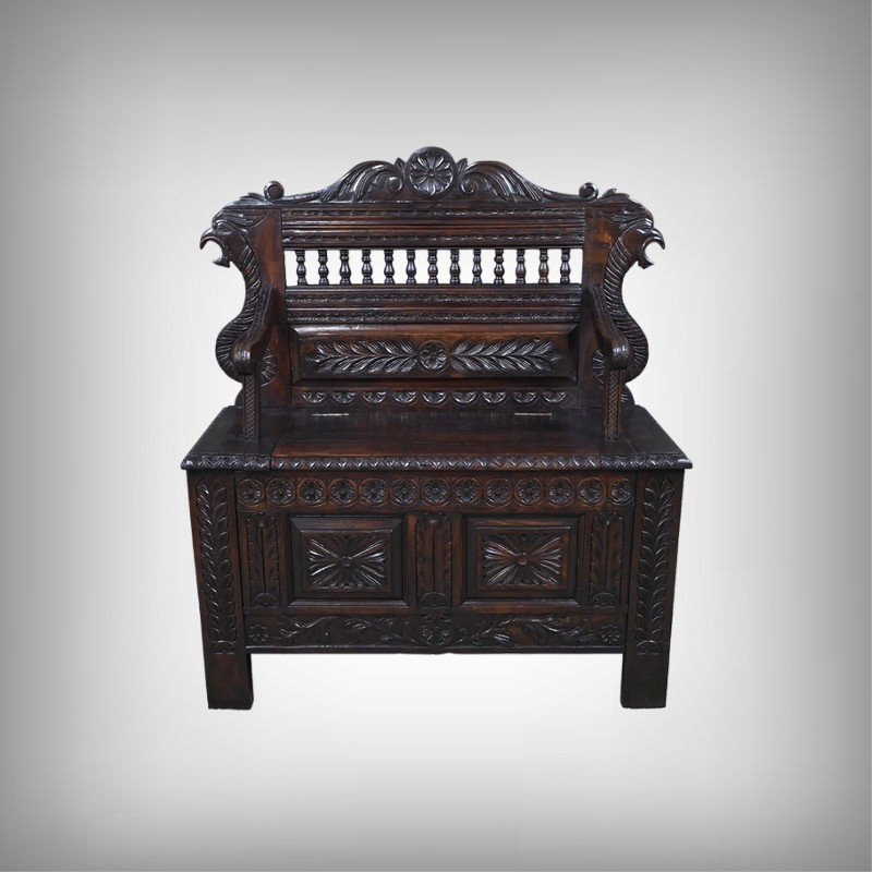 Oak Storage Bench, Neo-gothic Style – Early 20th Century-photo-2