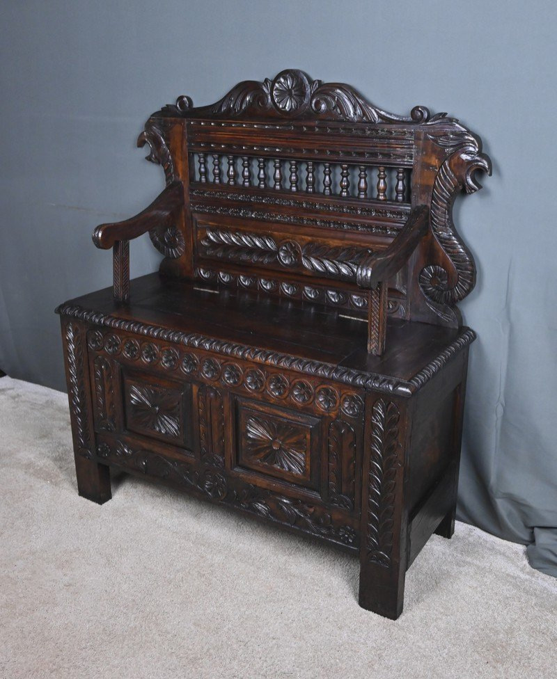 Oak Storage Bench, Neo-gothic Style – Early 20th Century-photo-3