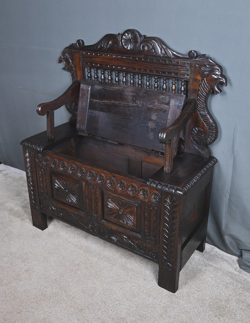 Oak Storage Bench, Neo-gothic Style – Early 20th Century-photo-4