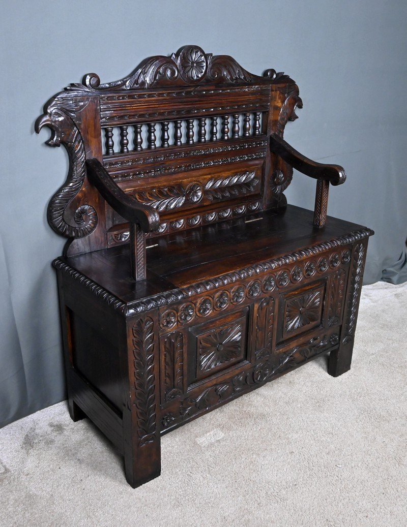 Oak Storage Bench, Neo-gothic Style – Early 20th Century-photo-1