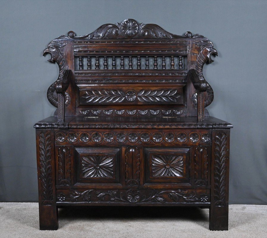 Oak Storage Bench, Neo-gothic Style – Early 20th Century-photo-2