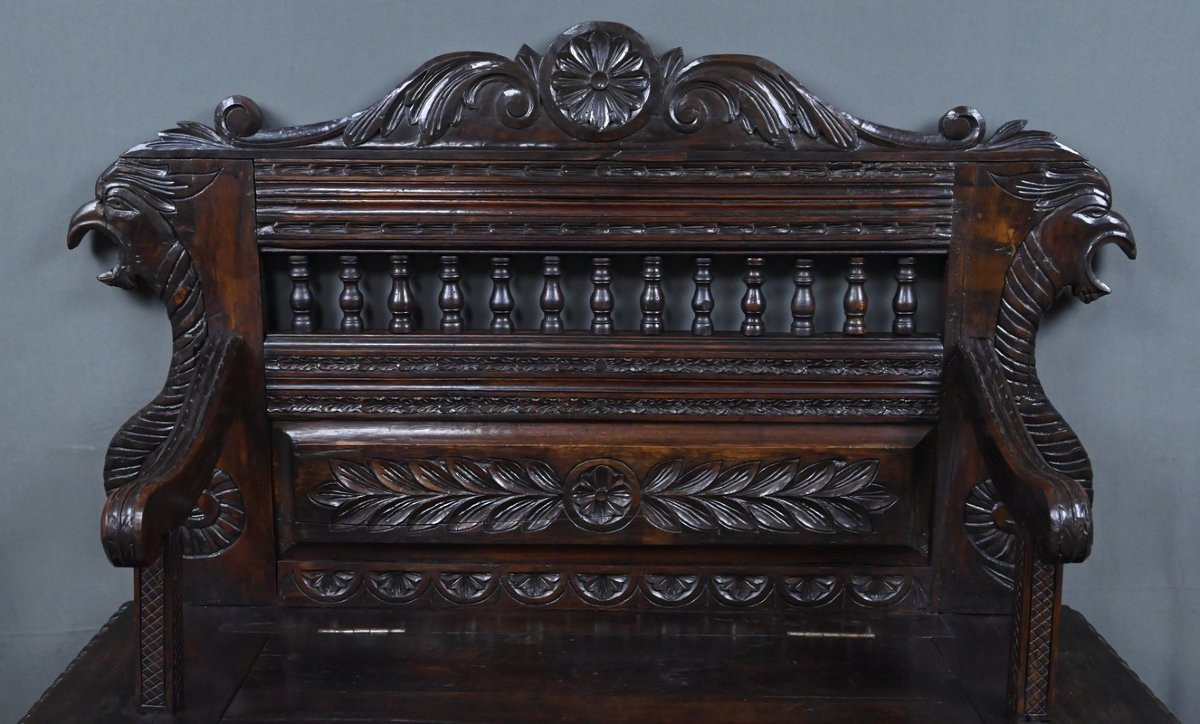 Oak Storage Bench, Neo-gothic Style – Early 20th Century-photo-3