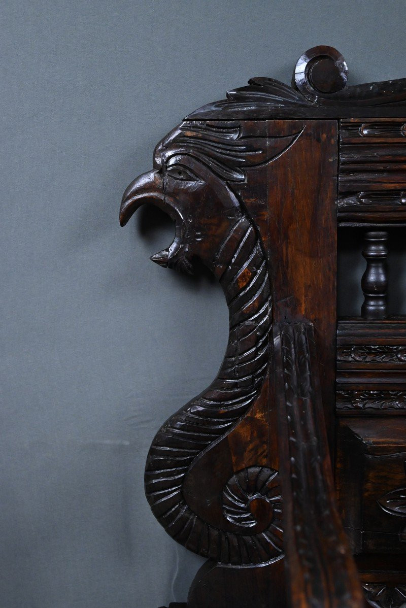 Oak Storage Bench, Neo-gothic Style – Early 20th Century-photo-6