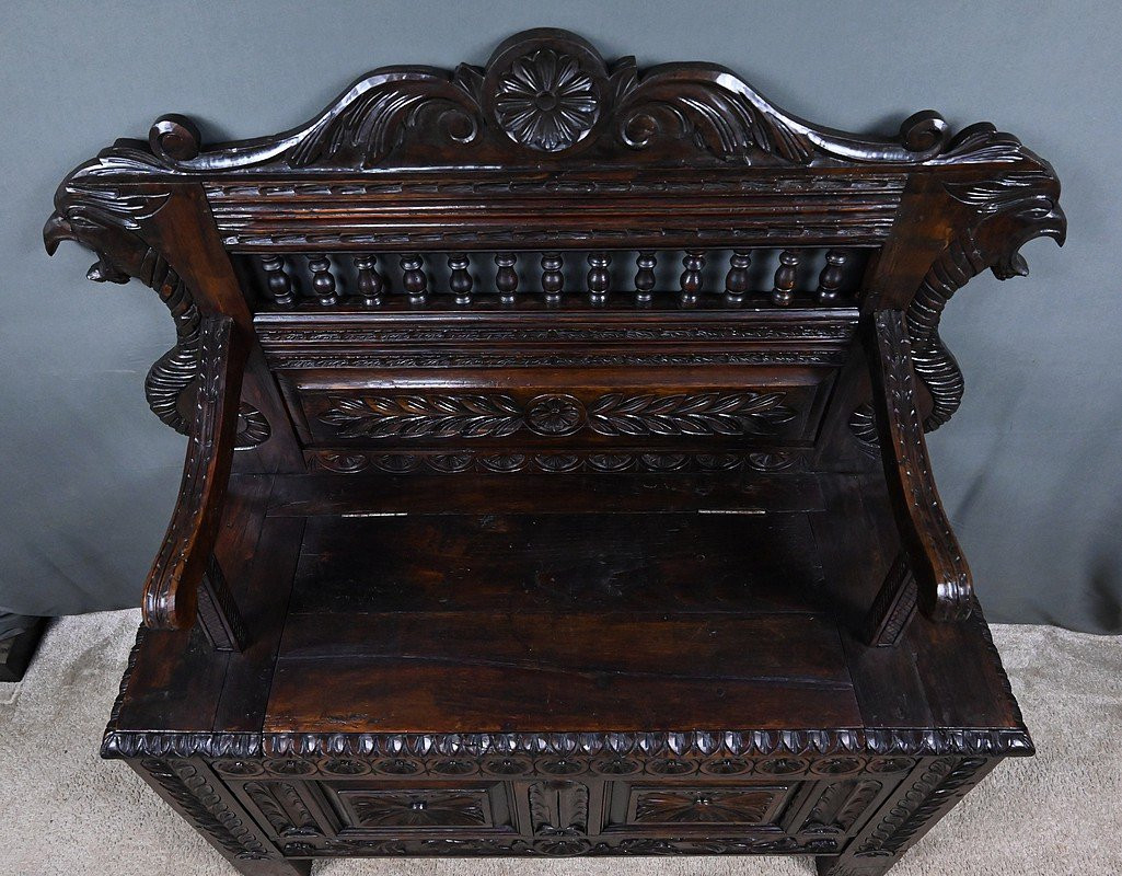 Oak Storage Bench, Neo-gothic Style – Early 20th Century-photo-8