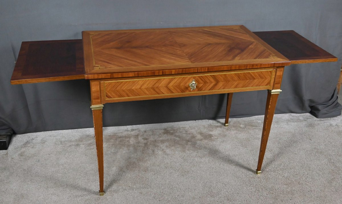 Petite Table Bureau en Marqueterie de Bois de Rose & Palissandre, style Louis XVI – Début XXe-photo-3