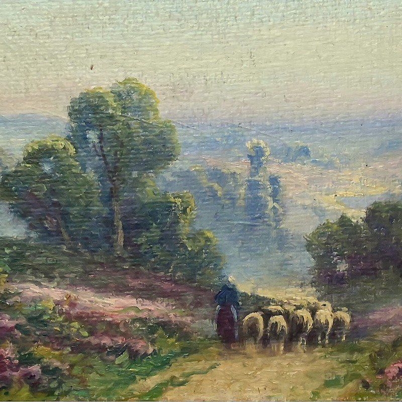 Painting "shepherdess And Her Flock", Oil On Panel Signed G. Corbier – Early 20th Century-photo-2