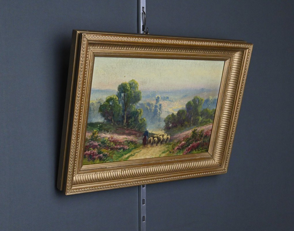 Painting "shepherdess And Her Flock", Oil On Panel Signed G. Corbier – Early 20th Century-photo-3