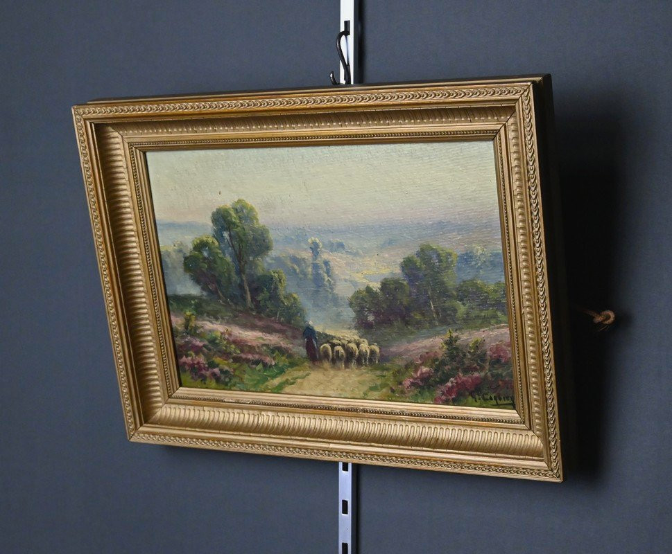 Painting "shepherdess And Her Flock", Oil On Panel Signed G. Corbier – Early 20th Century-photo-4