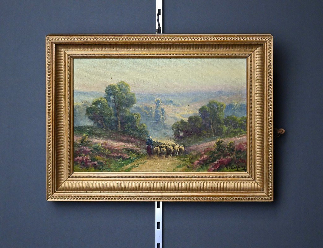 Painting "shepherdess And Her Flock", Oil On Panel Signed G. Corbier – Early 20th Century-photo-1