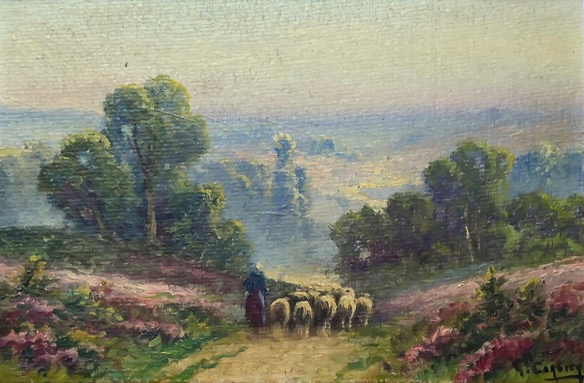 Painting "shepherdess And Her Flock", Oil On Panel Signed G. Corbier – Early 20th Century-photo-2