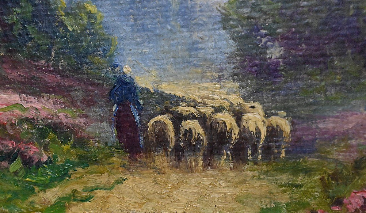Painting "shepherdess And Her Flock", Oil On Panel Signed G. Corbier – Early 20th Century-photo-3