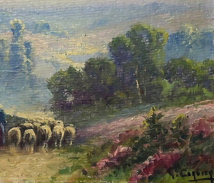 Painting "shepherdess And Her Flock", Oil On Panel Signed G. Corbier – Early 20th Century-photo-5