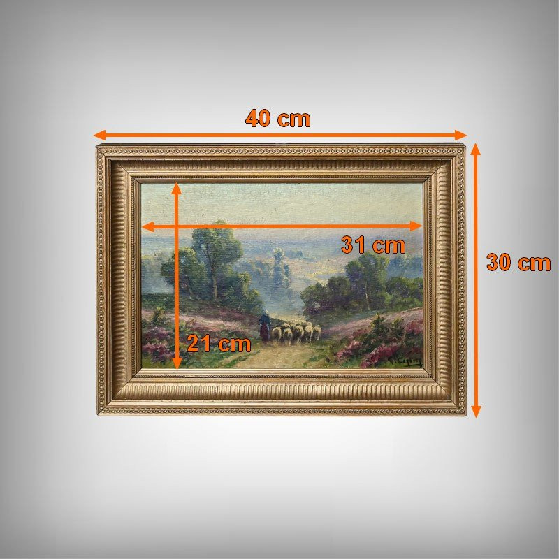 Painting "shepherdess And Her Flock", Oil On Panel Signed G. Corbier – Early 20th Century-photo-8