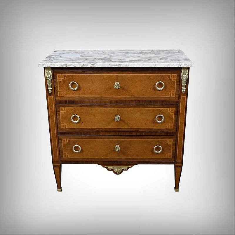 Petite Commode en Loupe d’Amboine & Palissandre, style Louis XVI – 1940-photo-2