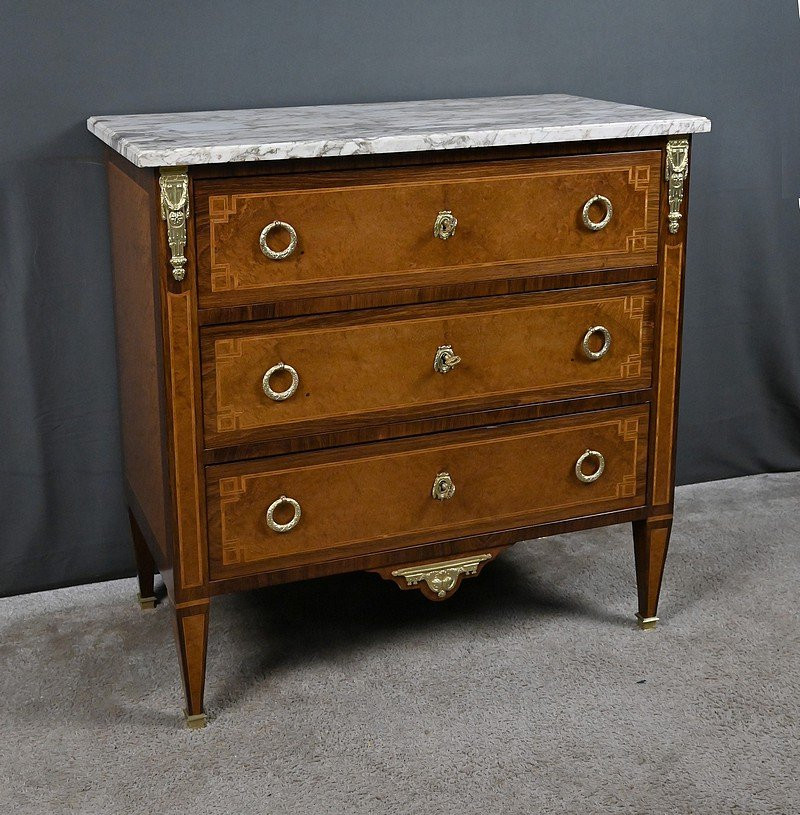 Petite Commode en Loupe d’Amboine & Palissandre, style Louis XVI – 1940-photo-3