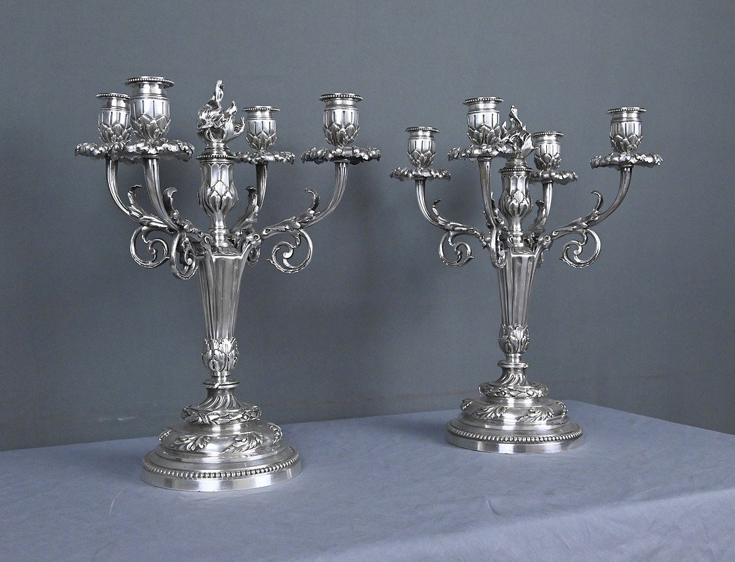 Pair Of Silvered Bronze Candelabra, Louis XVI Style – Late 19th Century-photo-3