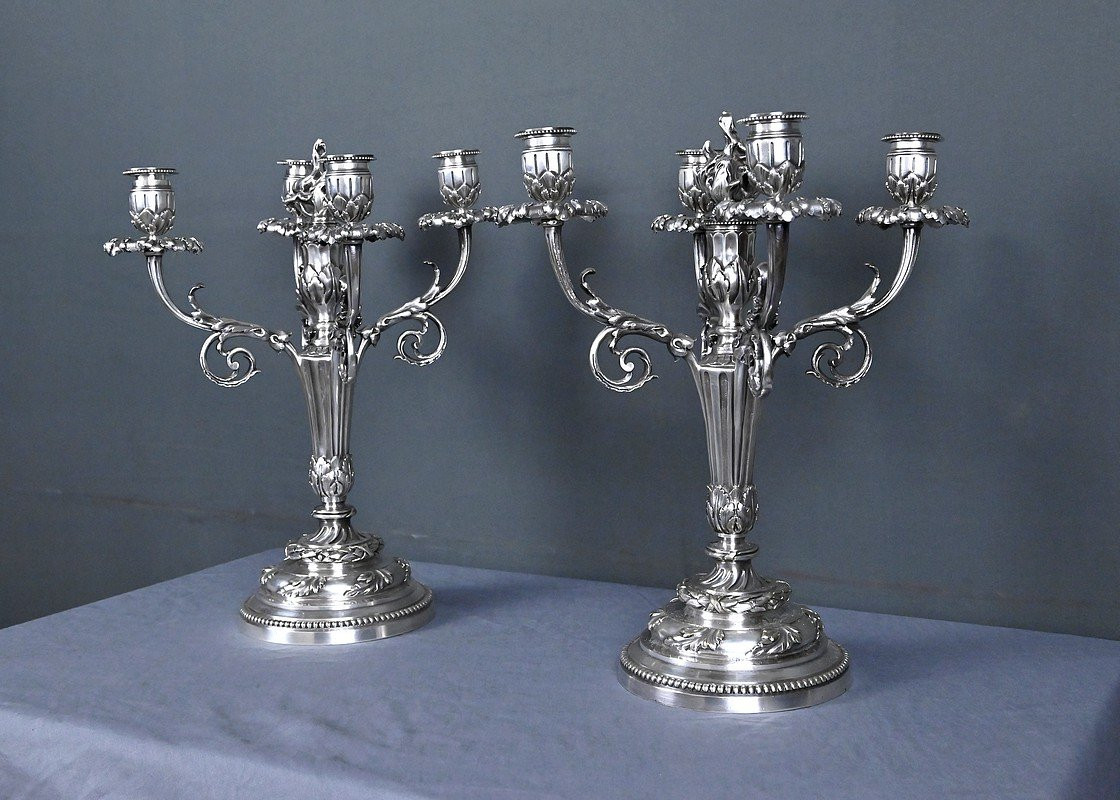 Pair Of Silvered Bronze Candelabra, Louis XVI Style – Late 19th Century-photo-4