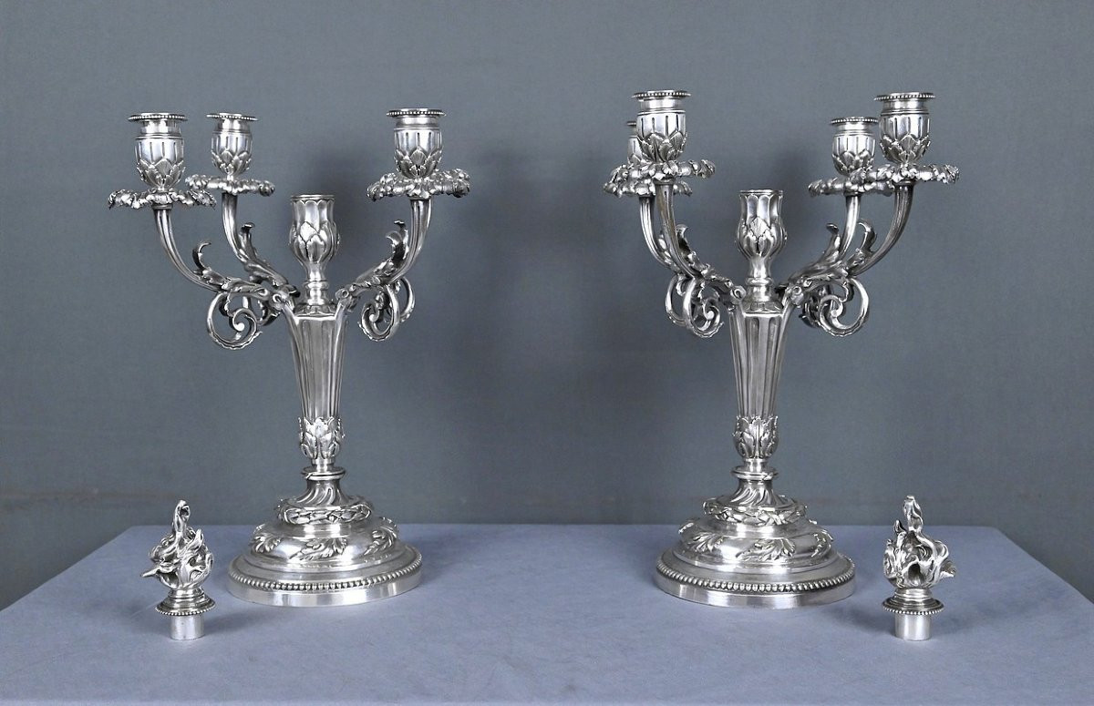 Pair Of Silvered Bronze Candelabra, Louis XVI Style – Late 19th Century-photo-7