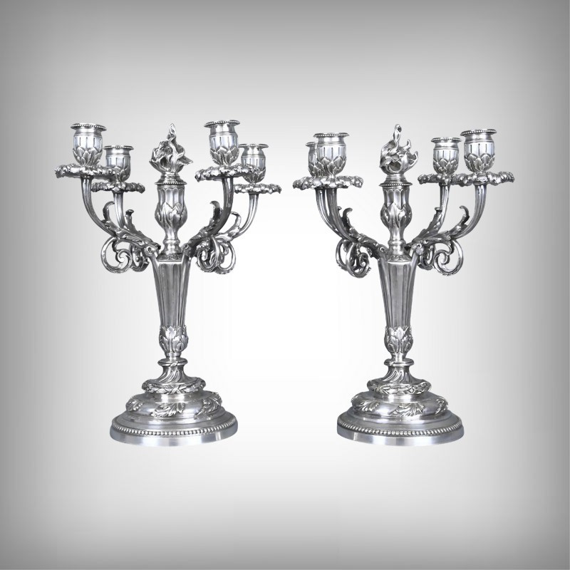 Pair Of Silvered Bronze Candelabra, Louis XVI Style – Late 19th Century