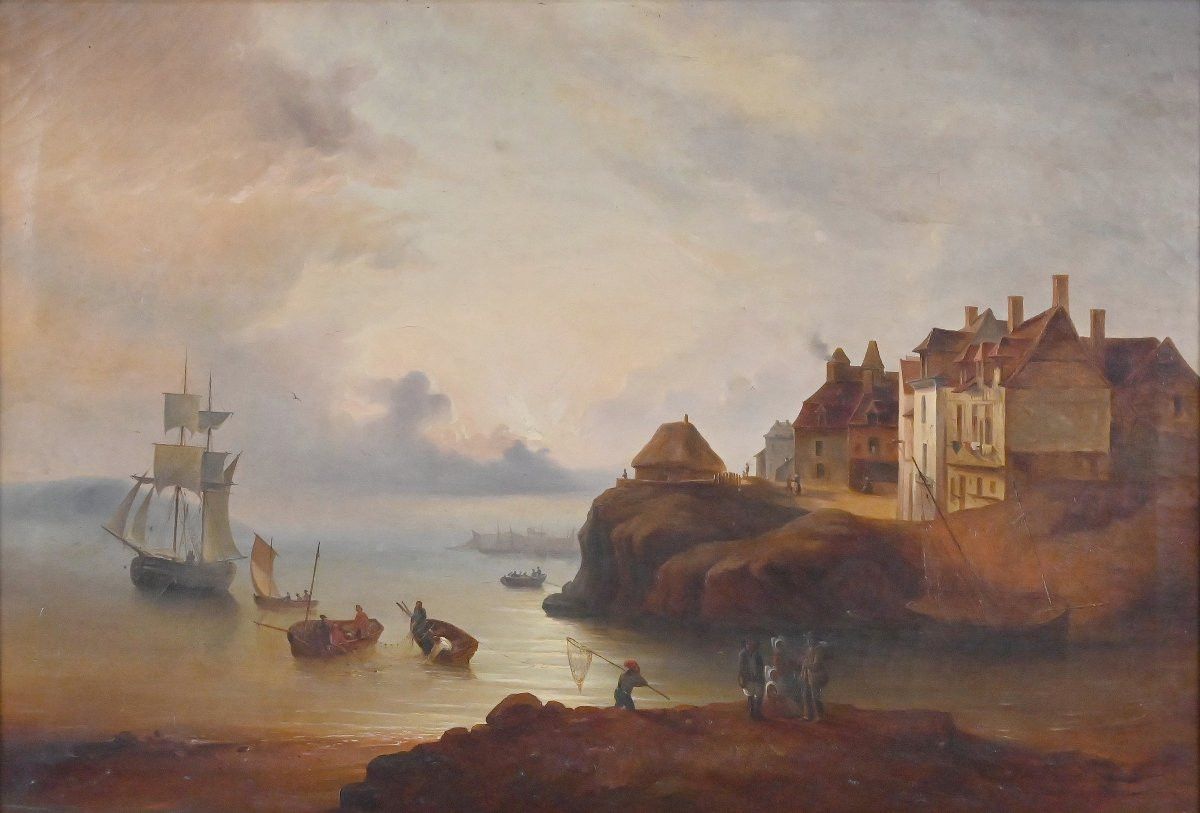 Tableau « Lumière sur le port », école française du XIXe-photo-1