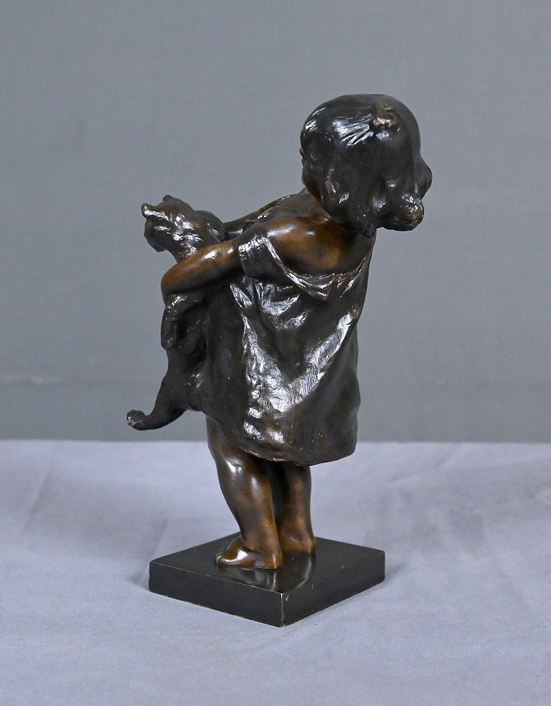 Bronze "the Little Girl And The Cat" Signed J. Clara – Early 20th Century-photo-2