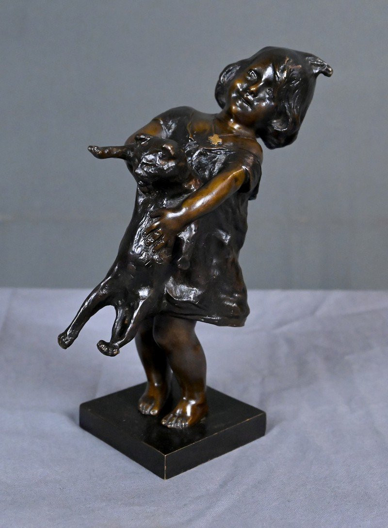 Bronze "the Little Girl And The Cat" Signed J. Clara – Early 20th Century-photo-4
