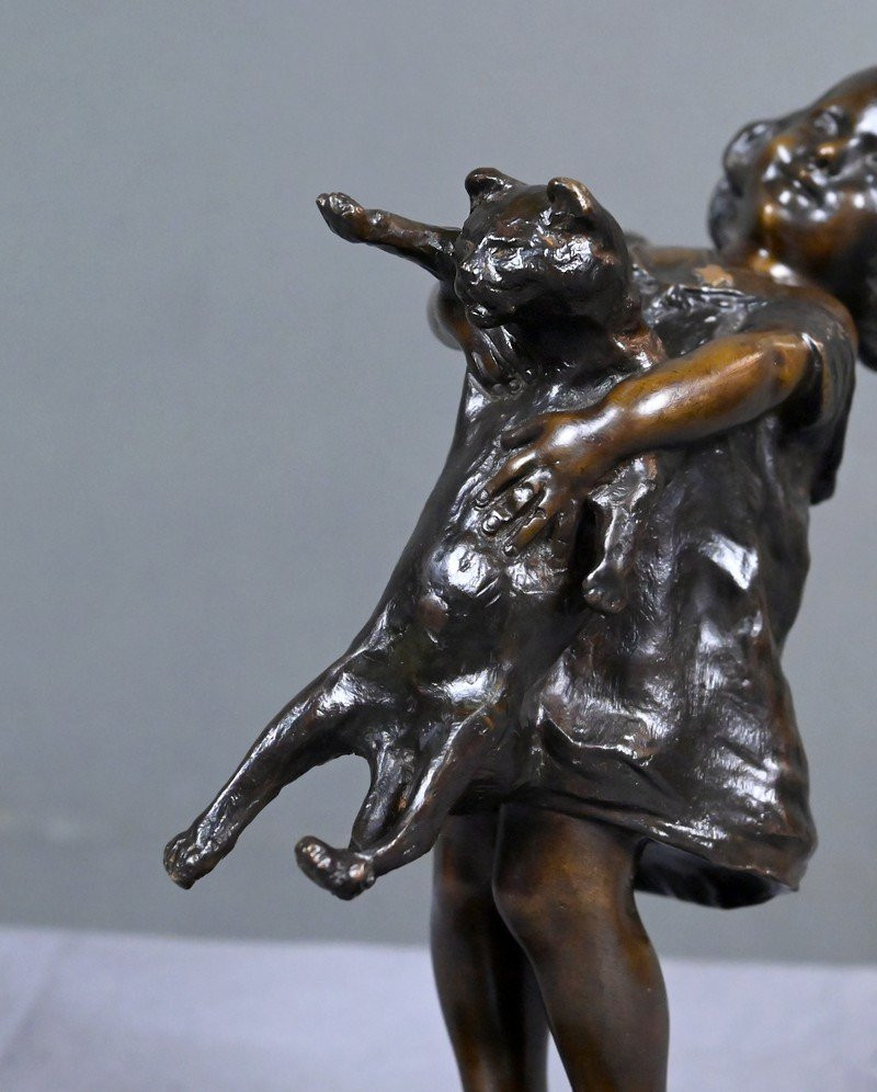 Bronze "the Little Girl And The Cat" Signed J. Clara – Early 20th Century-photo-6