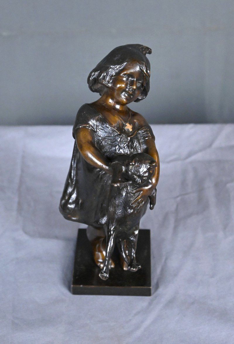 Bronze "the Little Girl And The Cat" Signed J. Clara – Early 20th Century-photo-7