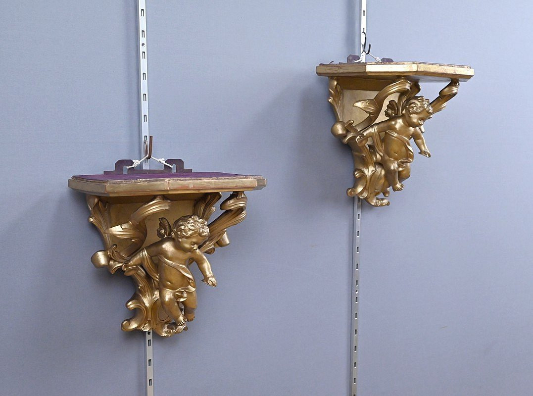 Pair Of Gilded Wood Brackets - Late 19th Century-photo-3