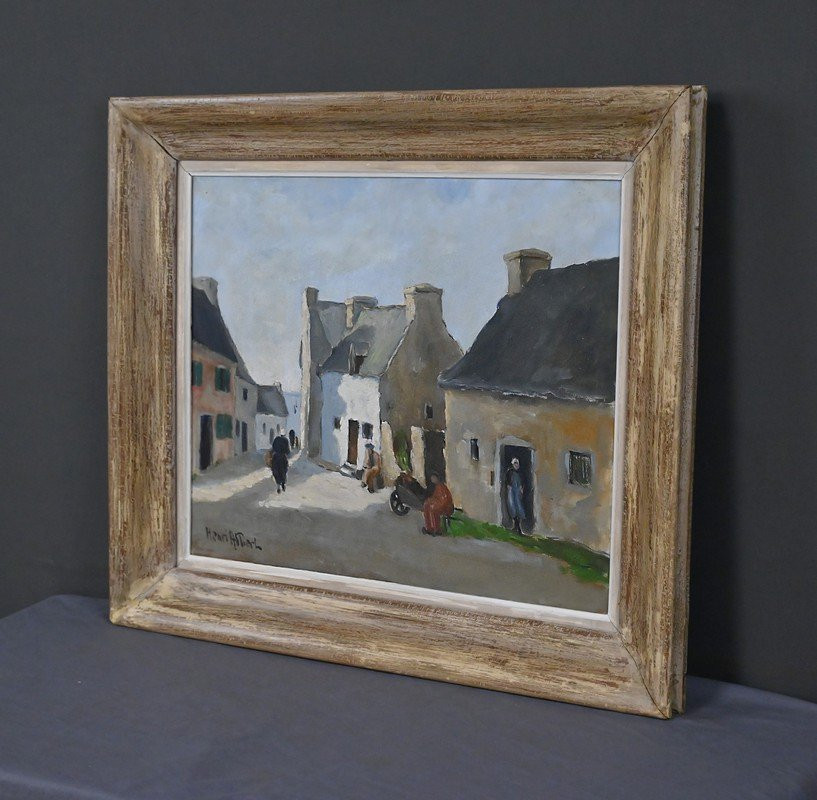 Tableau « Scène de Village », Huile sur Toile, signé H. Albert – 1re partie XXe-photo-4
