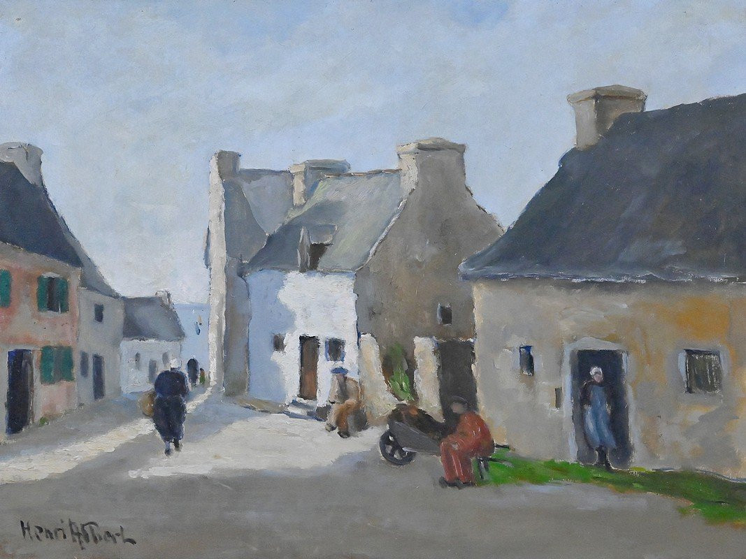 Tableau « Scène de Village », Huile sur Toile, signé H. Albert – 1re partie XXe-photo-1