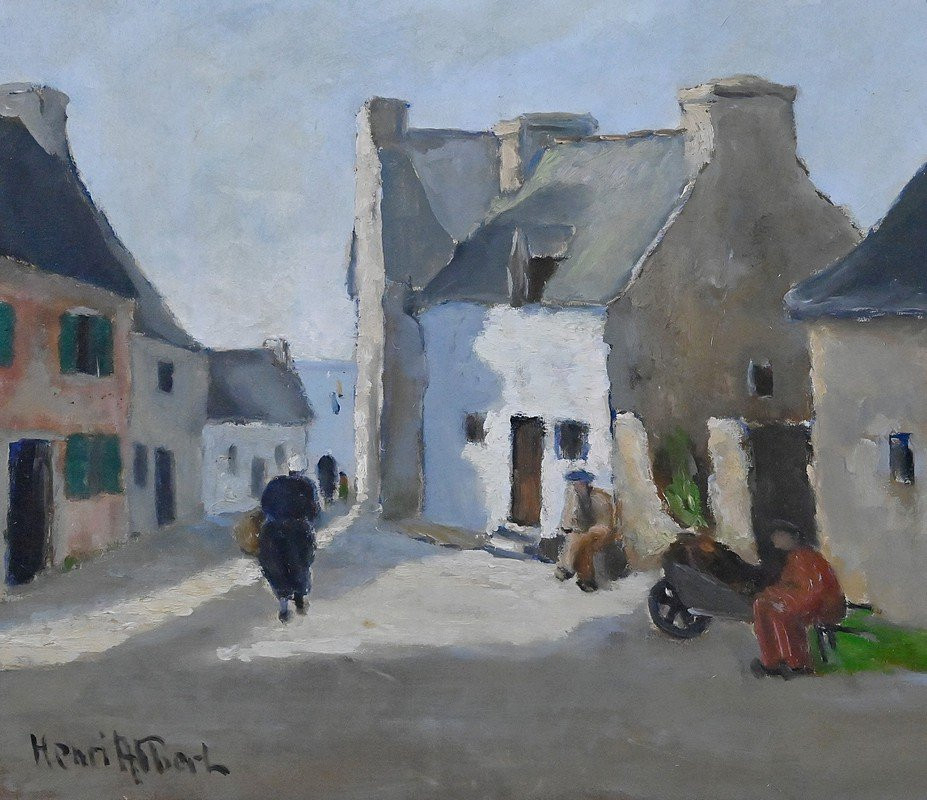 Tableau « Scène de Village », Huile sur Toile, signé H. Albert – 1re partie XXe-photo-2