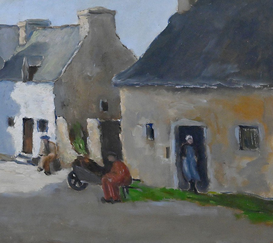 Tableau « Scène de Village », Huile sur Toile, signé H. Albert – 1re partie XXe-photo-4