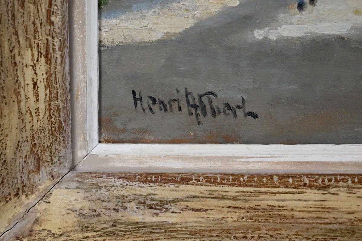 Tableau « Scène de Village », Huile sur Toile, signé H. Albert – 1re partie XXe-photo-6