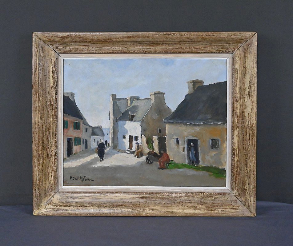 Tableau « Scène de Village », Huile sur Toile, signé H. Albert – 1re partie XXe-photo-7