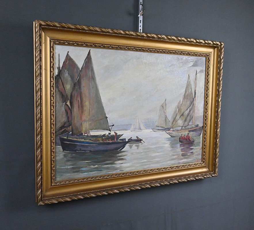 Tableau « Voiliers sur Mer Calme », Huile sur Toile, signé C. Bustad – 1928-photo-3