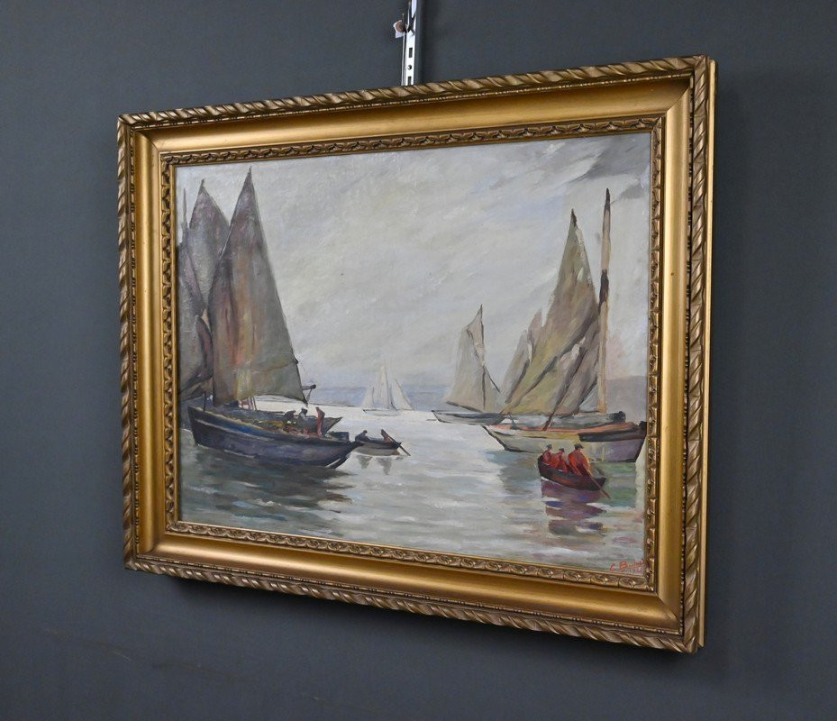 Tableau « Voiliers sur Mer Calme », Huile sur Toile, signé C. Bustad – 1928-photo-4
