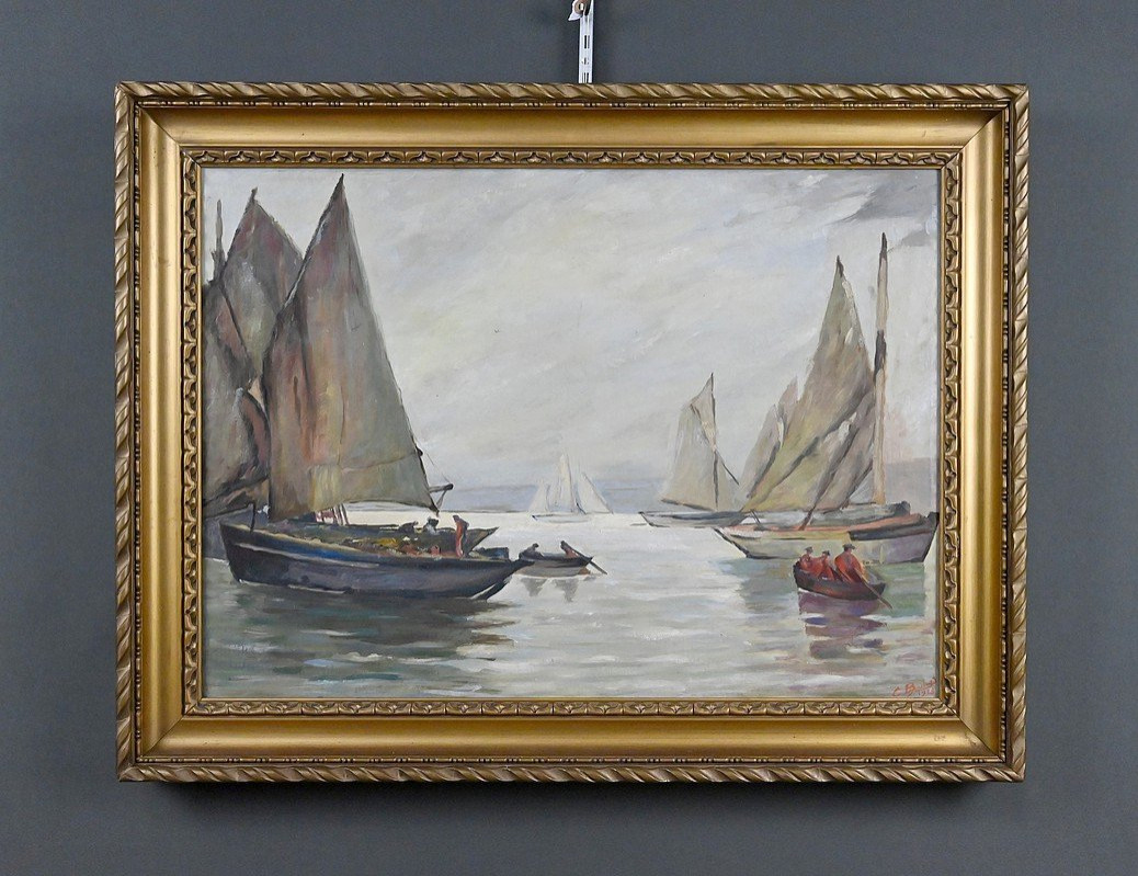 Tableau « Voiliers sur Mer Calme », Huile sur Toile, signé C. Bustad – 1928-photo-1