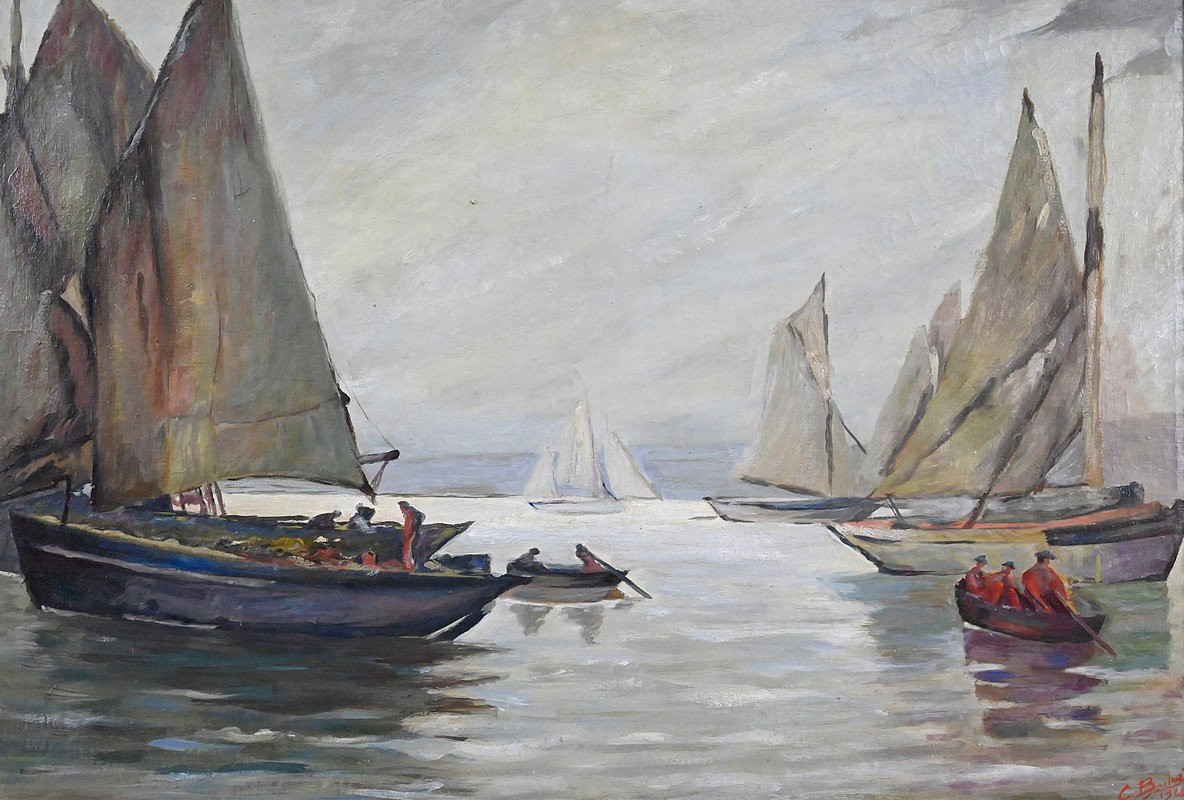 Tableau « Voiliers sur Mer Calme », Huile sur Toile, signé C. Bustad – 1928-photo-2