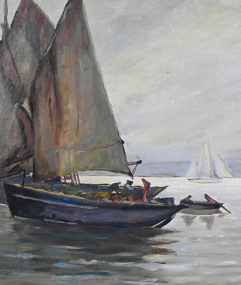 Tableau « Voiliers sur Mer Calme », Huile sur Toile, signé C. Bustad – 1928-photo-3