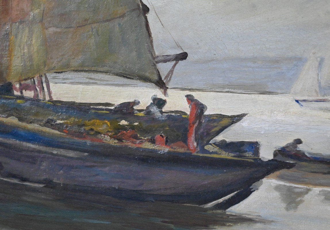 Tableau « Voiliers sur Mer Calme », Huile sur Toile, signé C. Bustad – 1928-photo-4