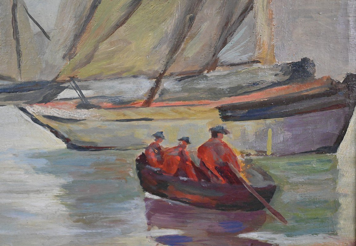 Tableau « Voiliers sur Mer Calme », Huile sur Toile, signé C. Bustad – 1928-photo-6