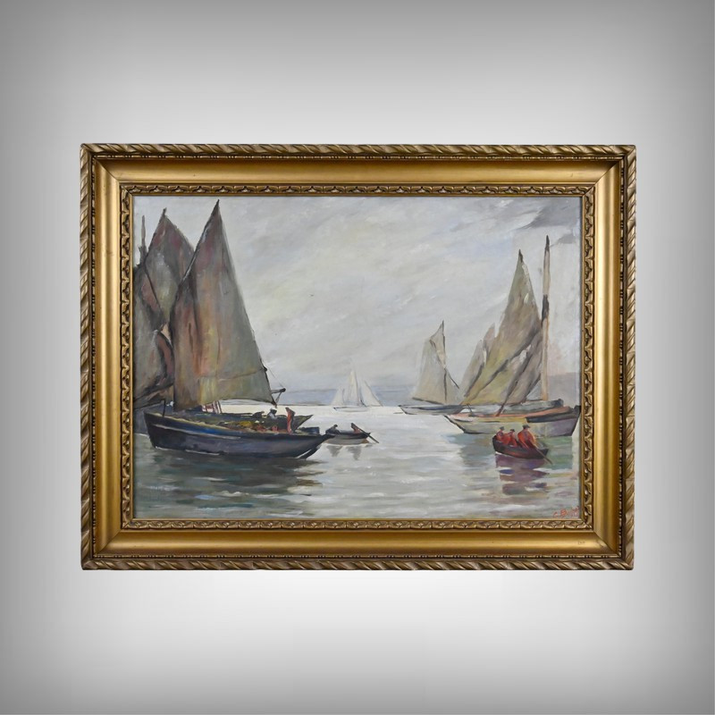 Tableau « Voiliers sur Mer Calme », Huile sur Toile, signé C. Bustad – 1928