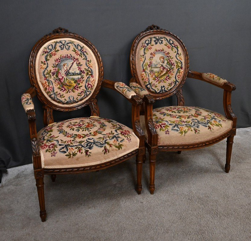 Pair Of Beech Armchairs, Louis XVI Style - Early 20th Century-photo-3