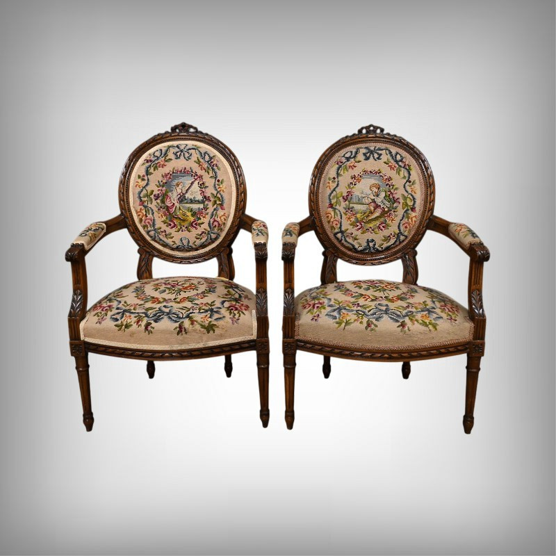 Pair Of Beech Armchairs, Louis XVI Style - Early 20th Century