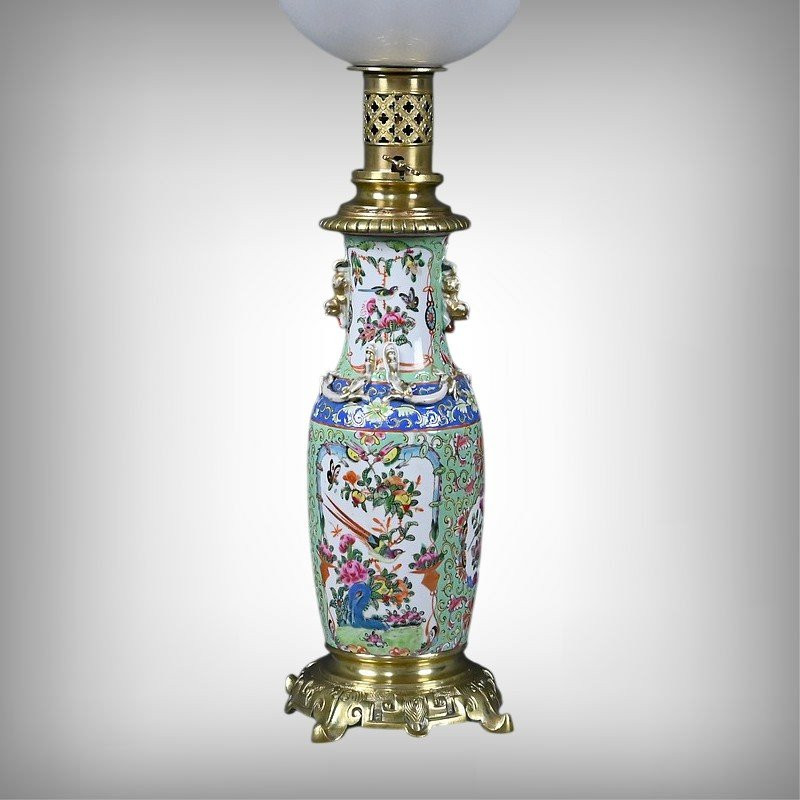 Canton Porcelain & Bronze Oil Lamp, Qing Dynasty, China - Late 19th Century-photo-2