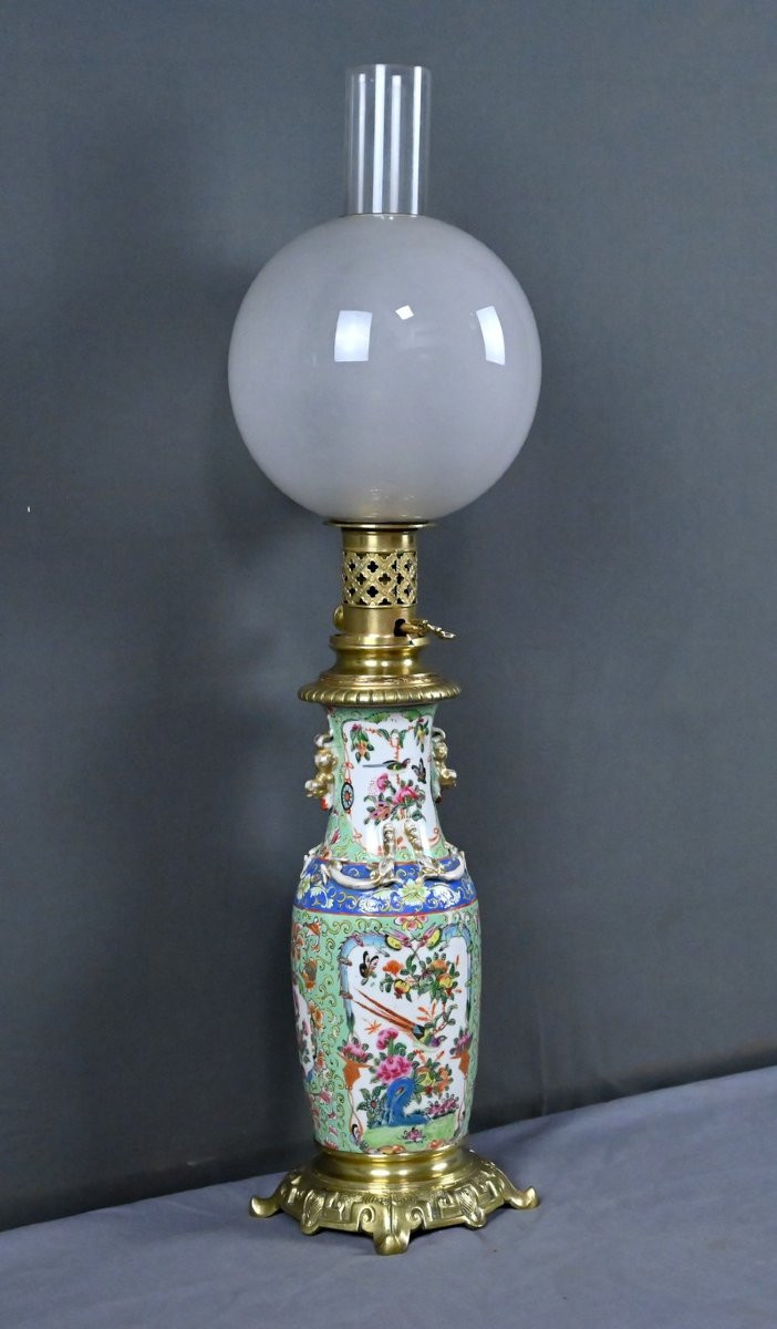 Canton Porcelain & Bronze Oil Lamp, Qing Dynasty, China - Late 19th Century-photo-3