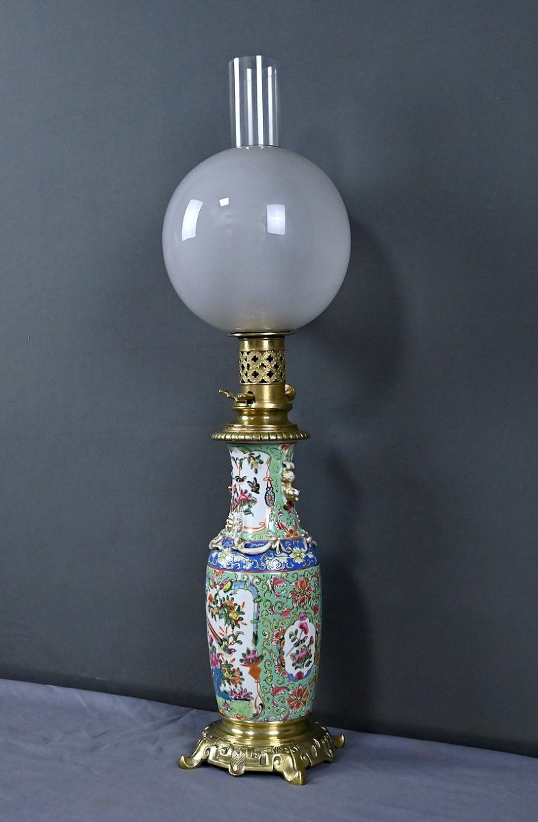 Canton Porcelain & Bronze Oil Lamp, Qing Dynasty, China - Late 19th Century-photo-4